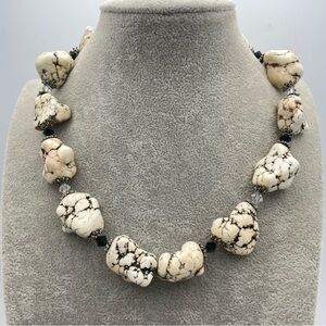 Chunky White Howlite Nugget Necklace with Black Crystal Accents & Toggle